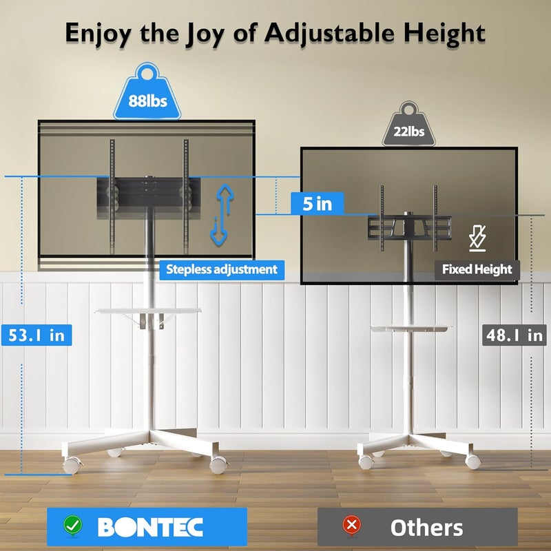 BONTEC Mobile TV Stand for 23-60 Inch TVs, Rolling TV Stand with Locking Wheels, Adjustable Height, Media Shelf, Max VESA 400x400mm, Holds Up to 88lbs - Image 2